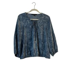 WHBM White House Black Market Blue Tie Dye Tencel Lace-Up L/S Peasant Blouse, L